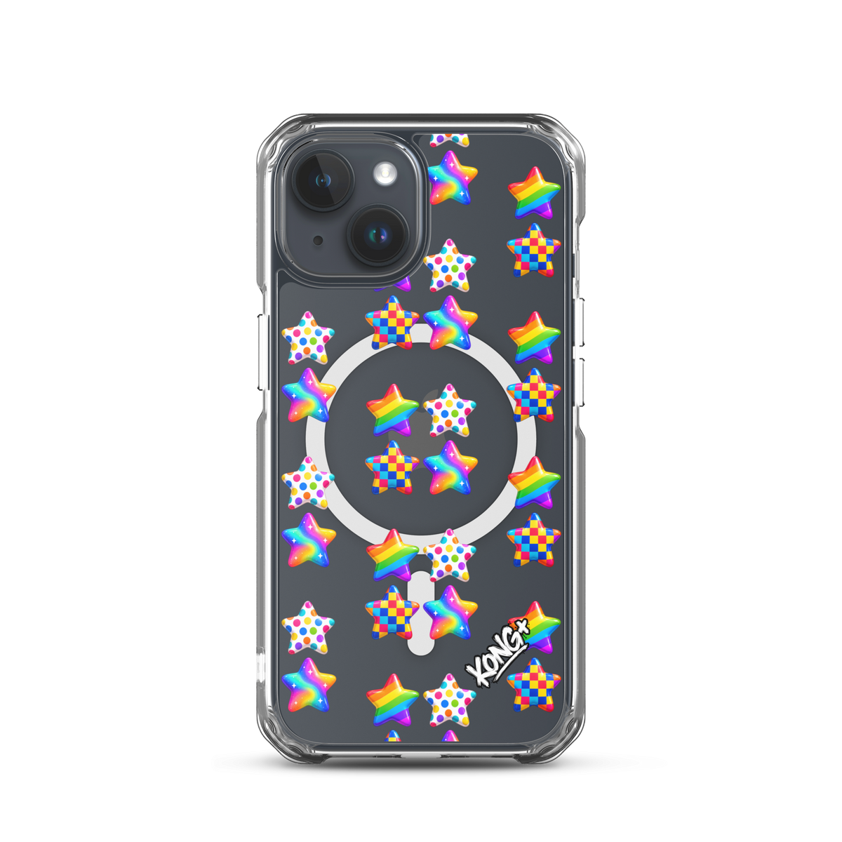KONG+ Pop Stars colourful MagSafe iPhone case with rainbow, polka dot and checkerboard star patterns on a clear case.
