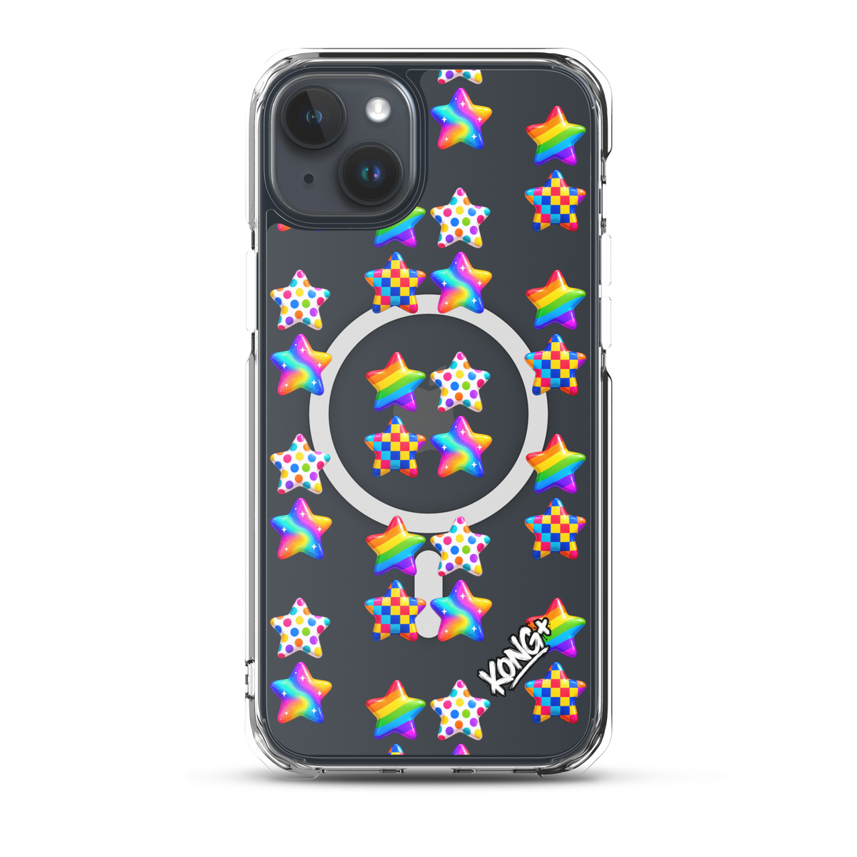 KONG+ Pop Stars colourful MagSafe iPhone case with rainbow, polka dot and checkerboard star patterns on a clear case.