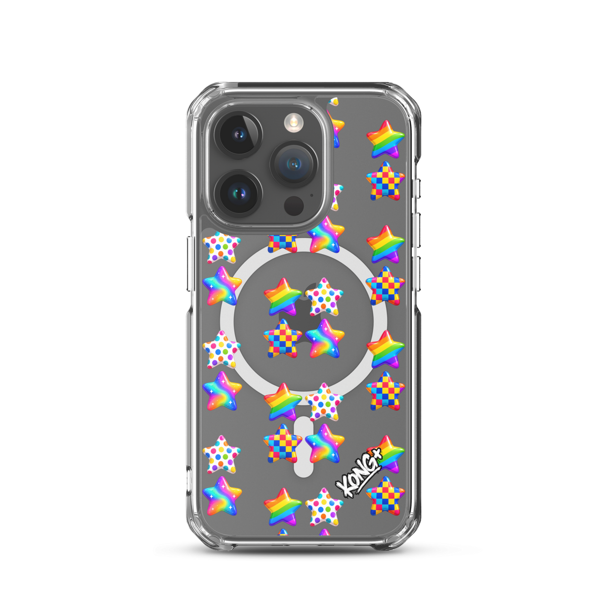 KONG+ Pop Stars colourful MagSafe iPhone case with rainbow, polka dot and checkerboard star patterns on a clear case.