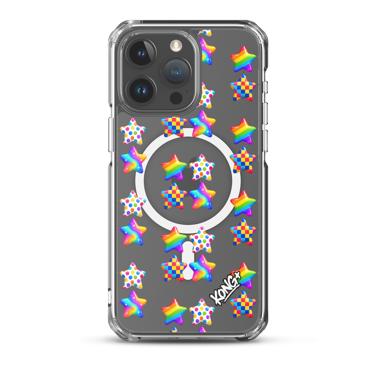 KONG+ Pop Stars colourful MagSafe iPhone case with rainbow, polka dot and checkerboard star patterns on a clear case.