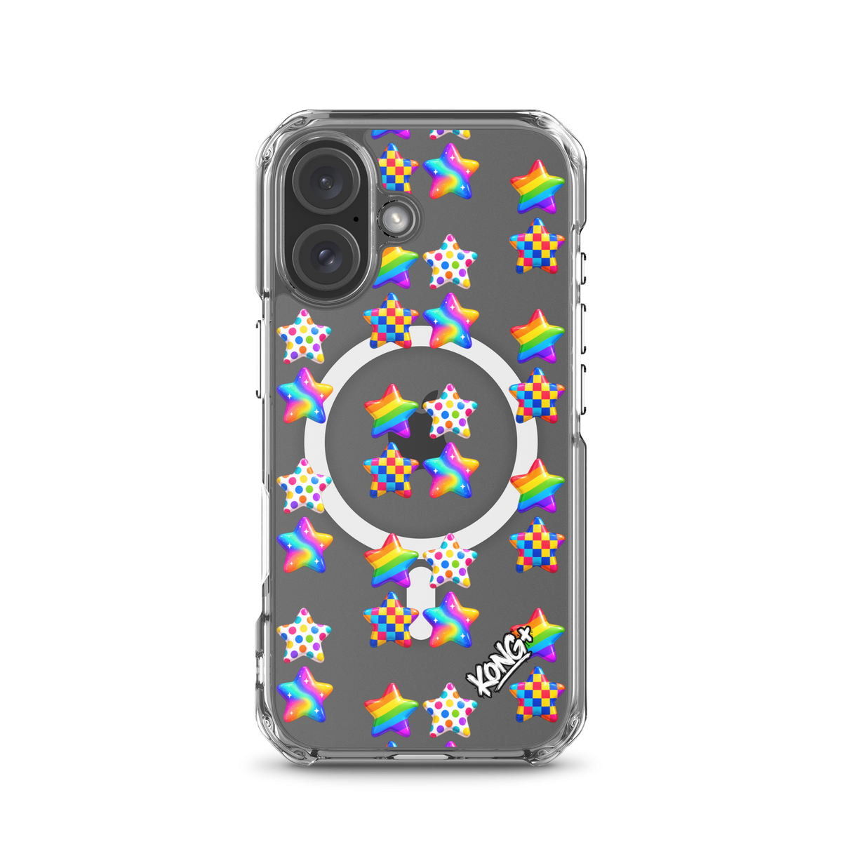KONG+ Pop Stars colourful MagSafe iPhone case with rainbow, polka dot and checkerboard star patterns on a clear case.