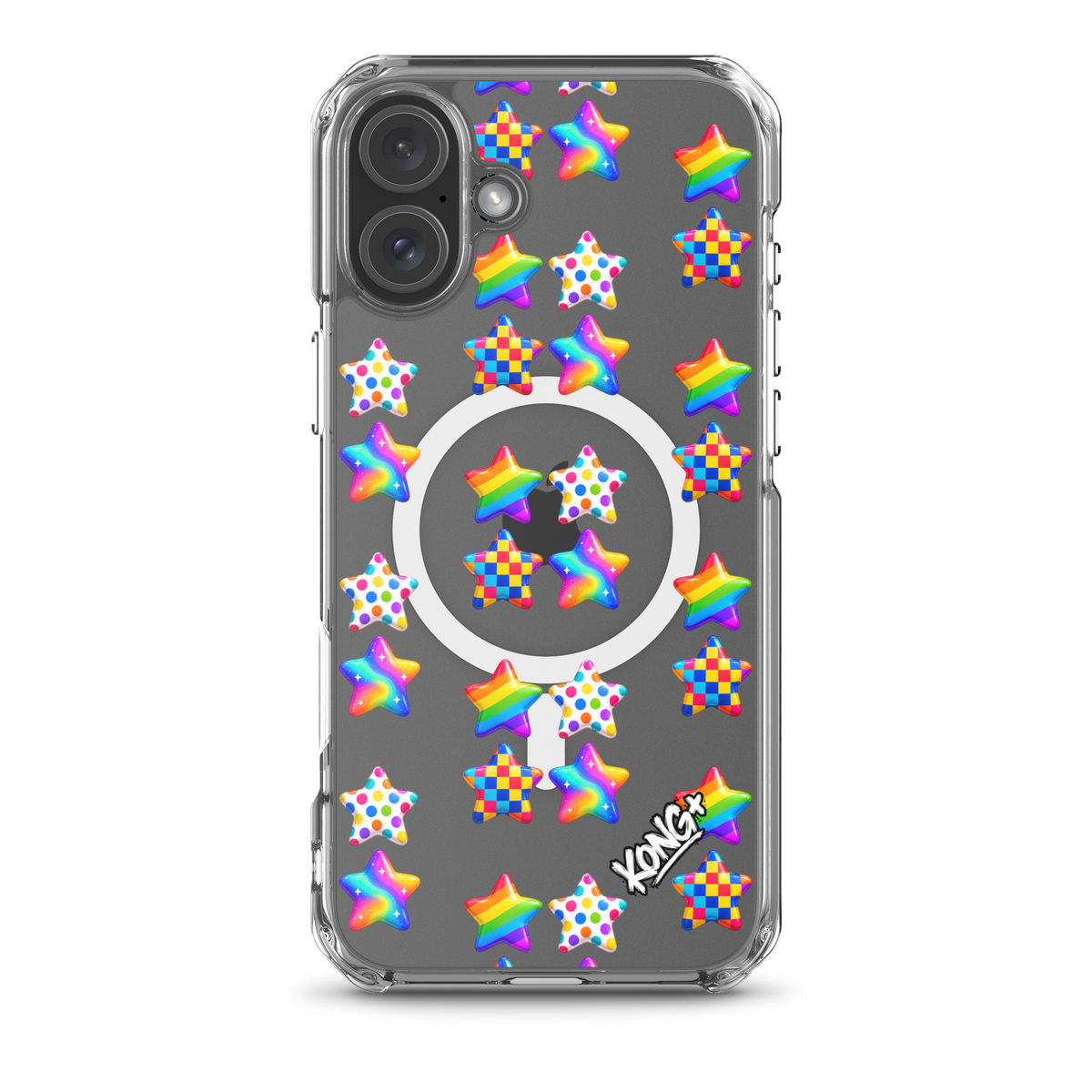 KONG+ Pop Stars colourful MagSafe iPhone case with rainbow, polka dot and checkerboard star patterns on a clear case.