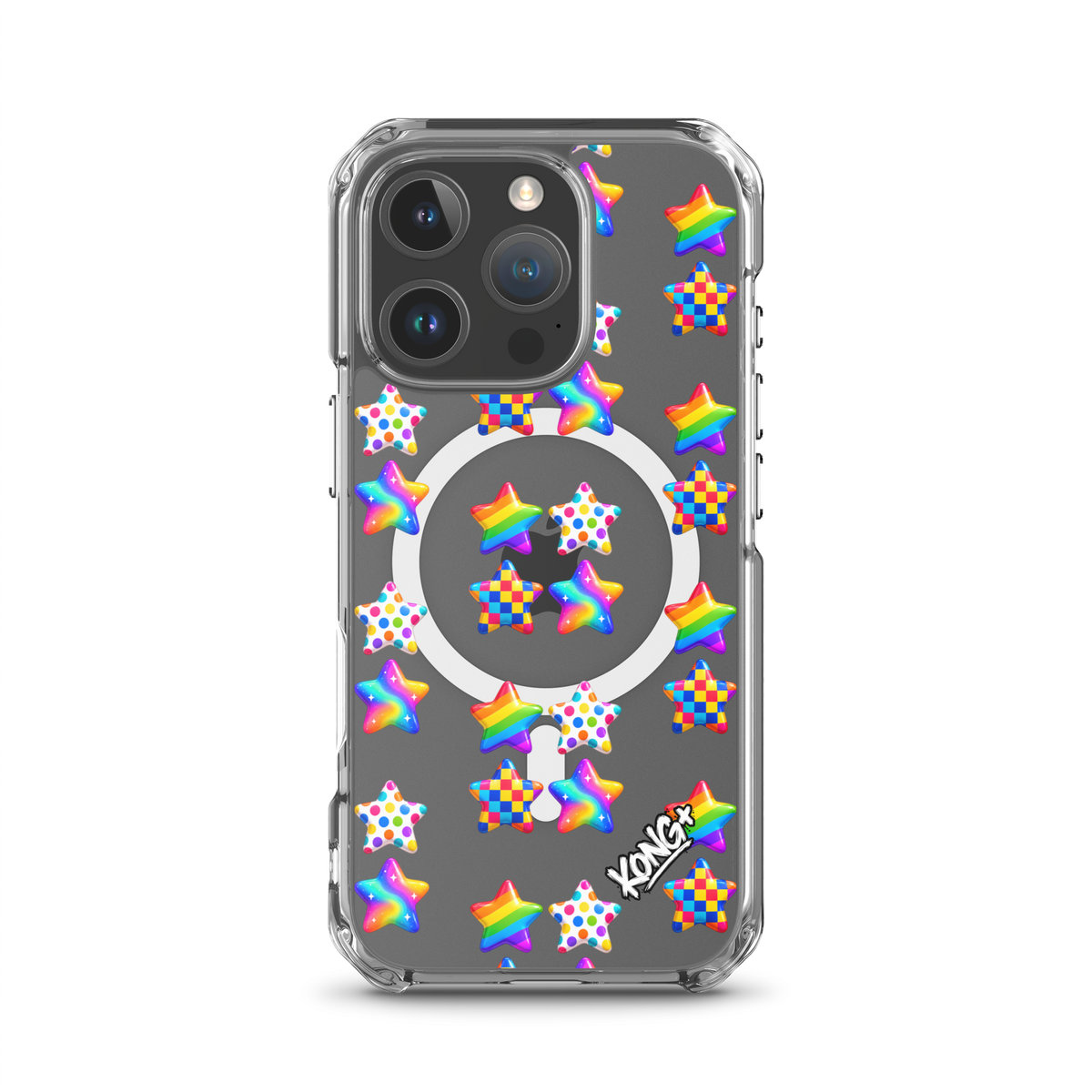 KONG+ Pop Stars colourful MagSafe iPhone case with rainbow, polka dot and checkerboard star patterns on a clear case.