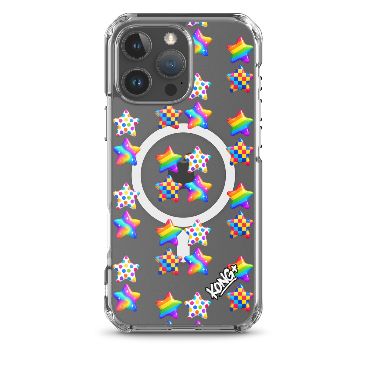 KONG+ Pop Stars colourful MagSafe iPhone case with rainbow, polka dot and checkerboard star patterns on a clear case.