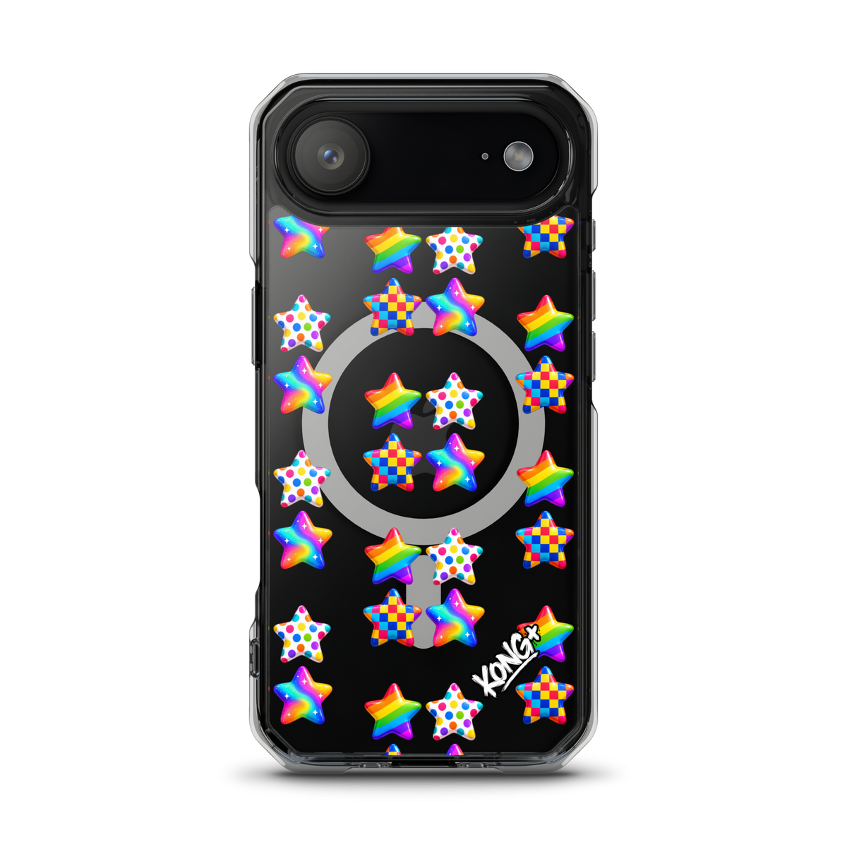 KONG+ Pop Stars colourful MagSafe iPhone case with rainbow, polka dot and checkerboard star patterns on a clear case.