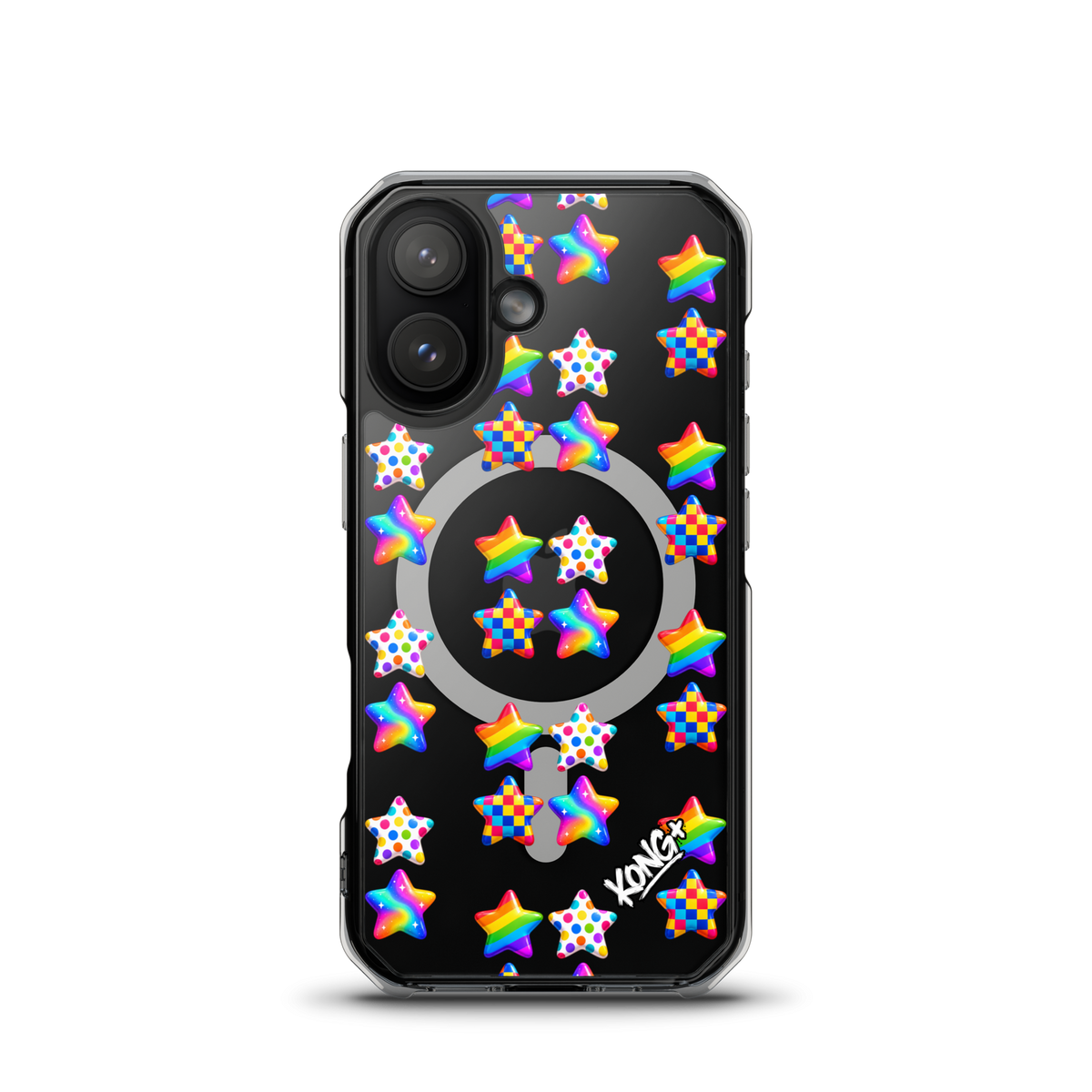 KONG+ Pop Stars colourful MagSafe iPhone case with rainbow, polka dot and checkerboard star patterns on a clear case