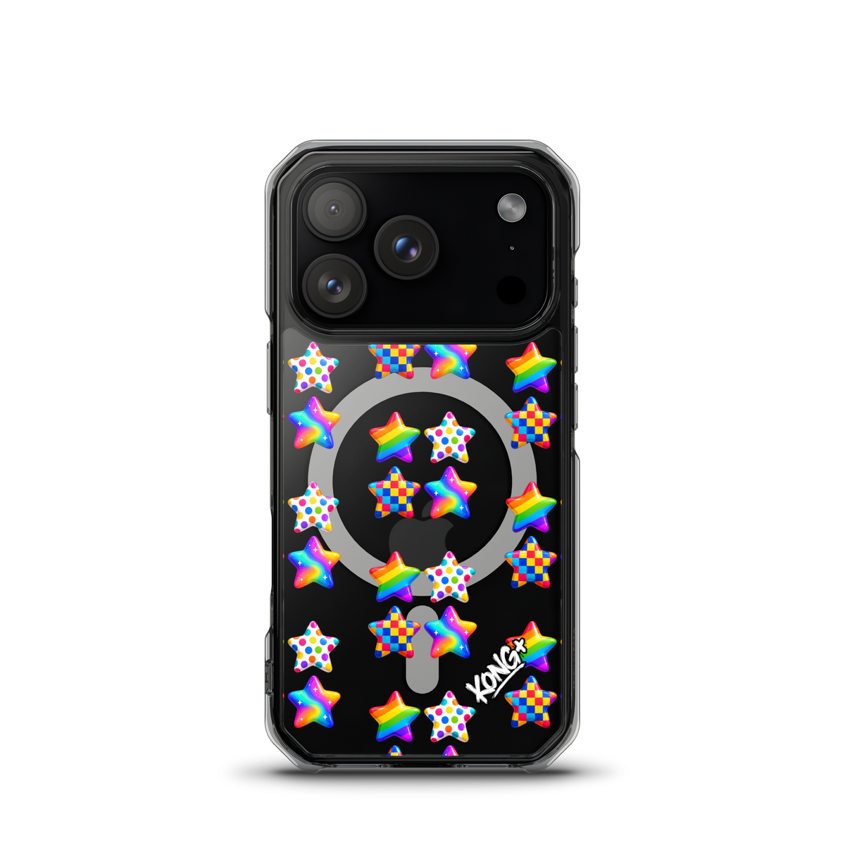 KONG+ Pop Stars colourful MagSafe iPhone case with rainbow, polka dot and checkerboard star patterns on a clear case