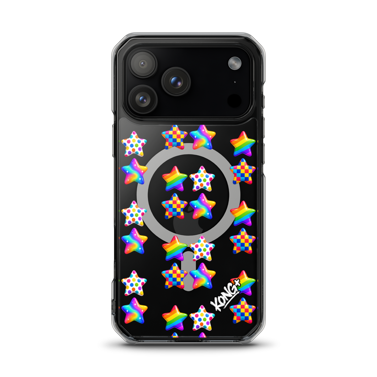 KONG+ Pop Stars colourful MagSafe iPhone case with rainbow, polka dot and checkerboard star patterns on a clear case.