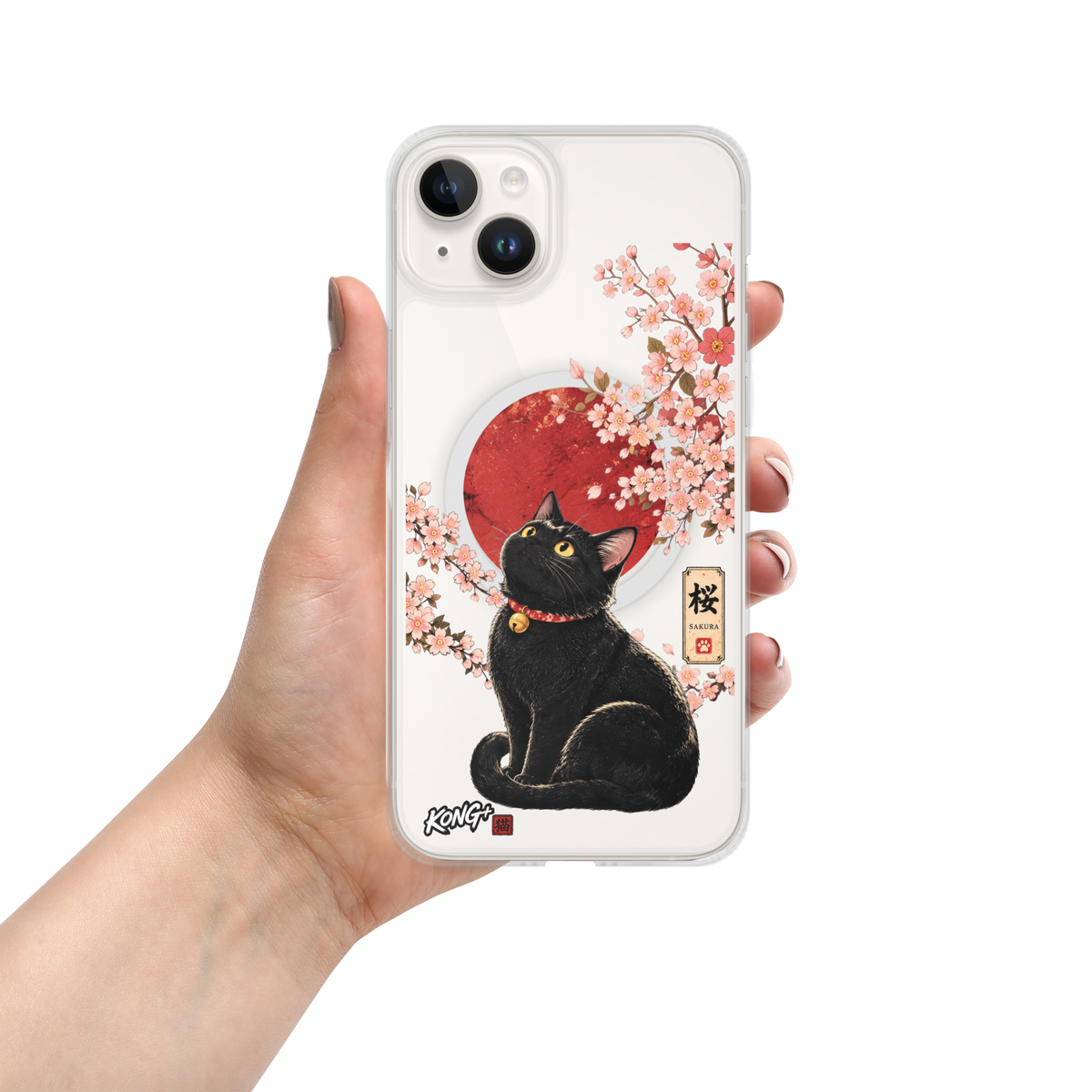 KONG+ Sakura Moon Black Cat Japanese-inspired phone case with cherry blossoms