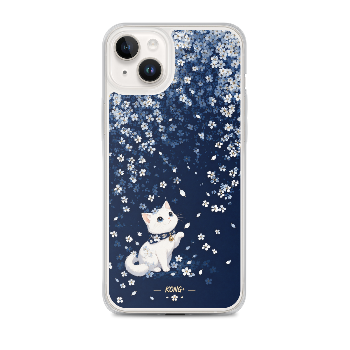 KONG+ Sakura Night Cat Japanese phone case featuring a white cat with blue eyes surrounded by falling cherry blossoms on a deep indigo background