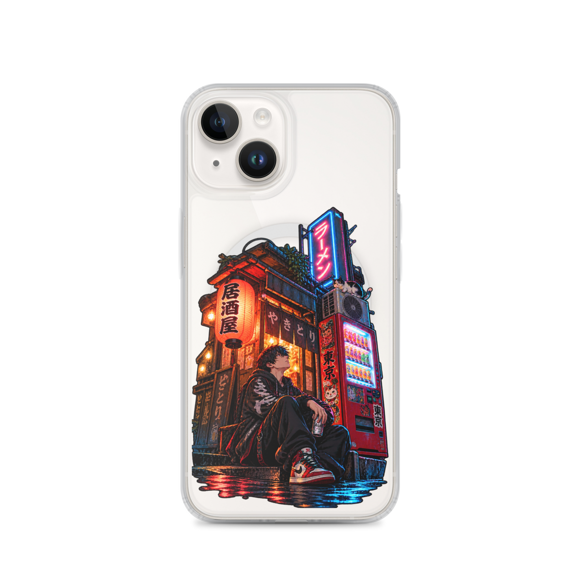 Tokyo After Dark Japanese anime street phone case with neon lights, vending machine and young man