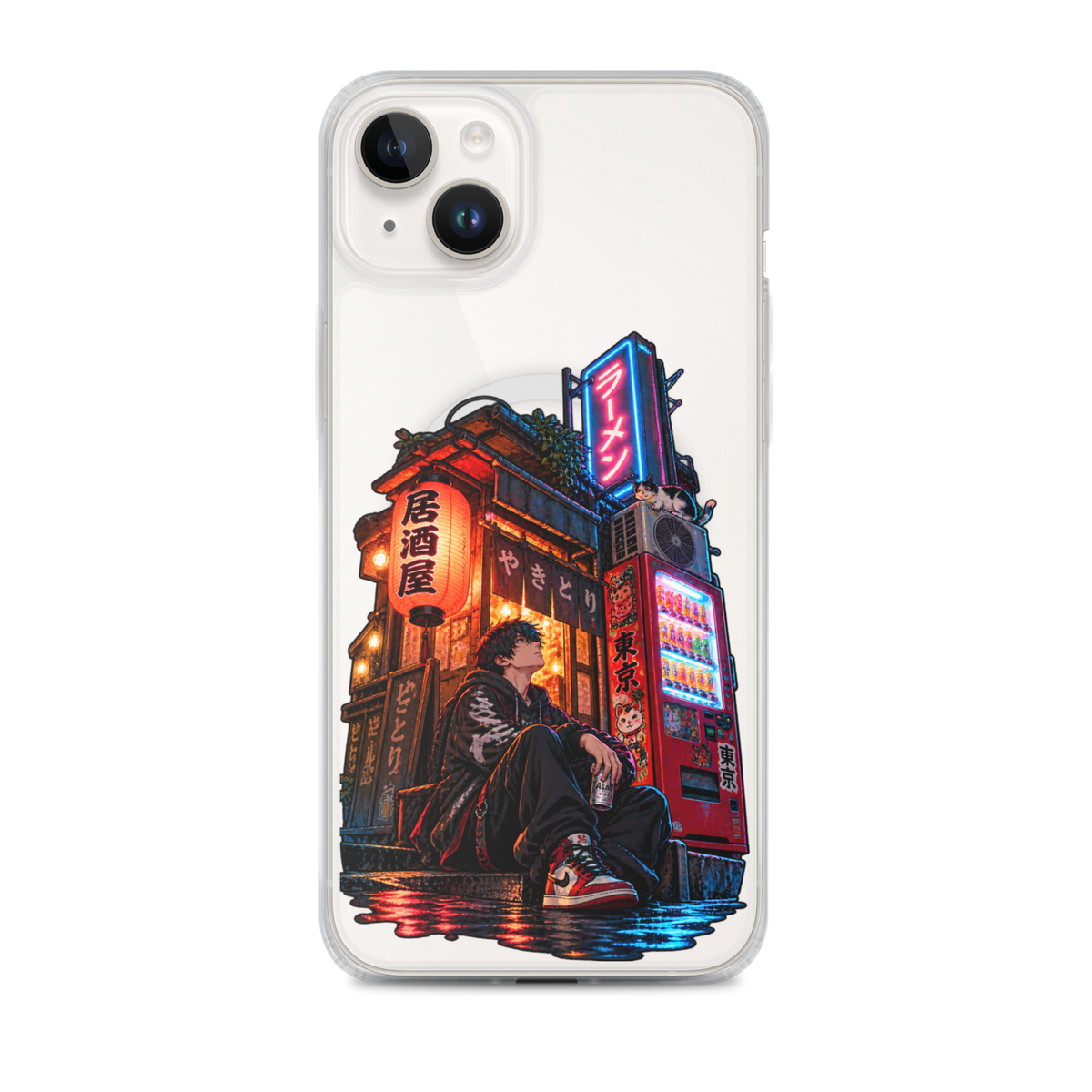 Tokyo After Dark Japanese anime street phone case with neon lights, vending machine and young man