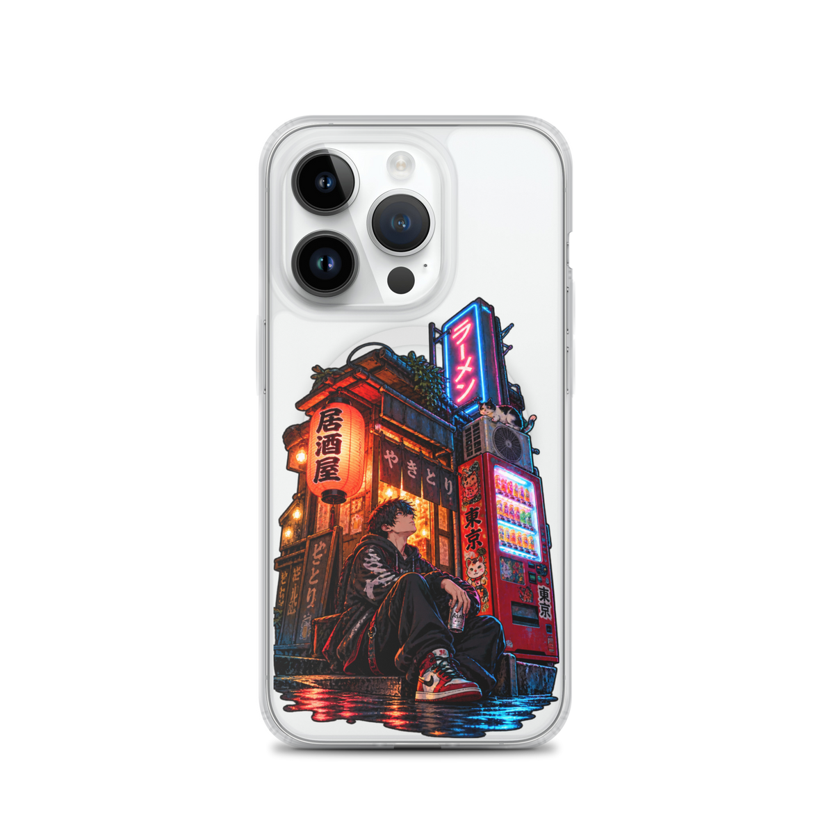 Tokyo After Dark Japanese anime street phone case with neon lights, vending machine and young man
