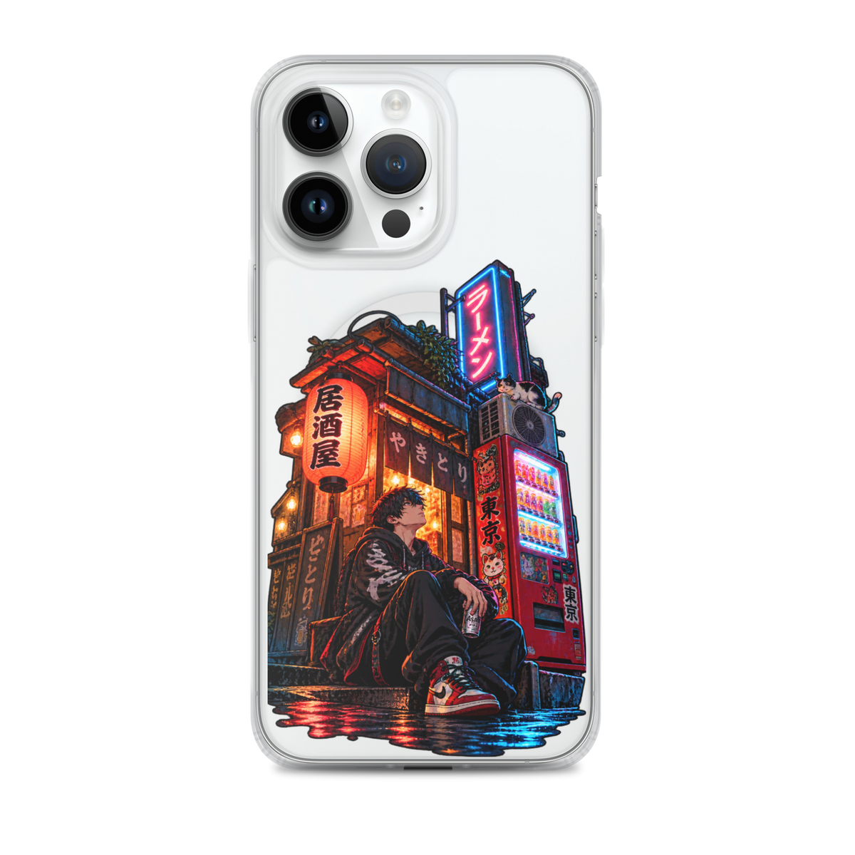 Tokyo After Dark Japanese anime street phone case with neon lights, vending machine and young man