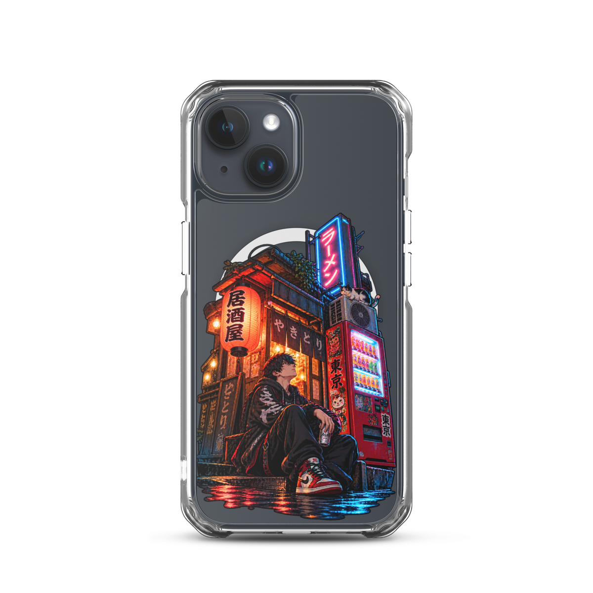 Tokyo After Dark Japanese anime street phone case with neon lights, vending machine and young man