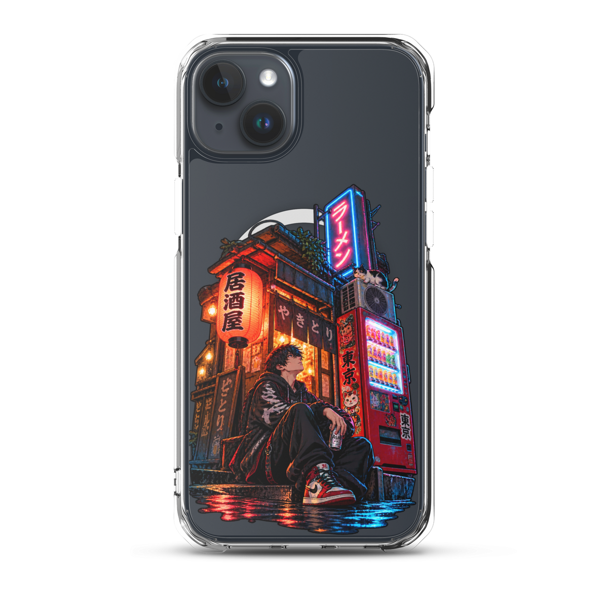 Tokyo After Dark Japanese anime street phone case with neon lights, vending machine and young man