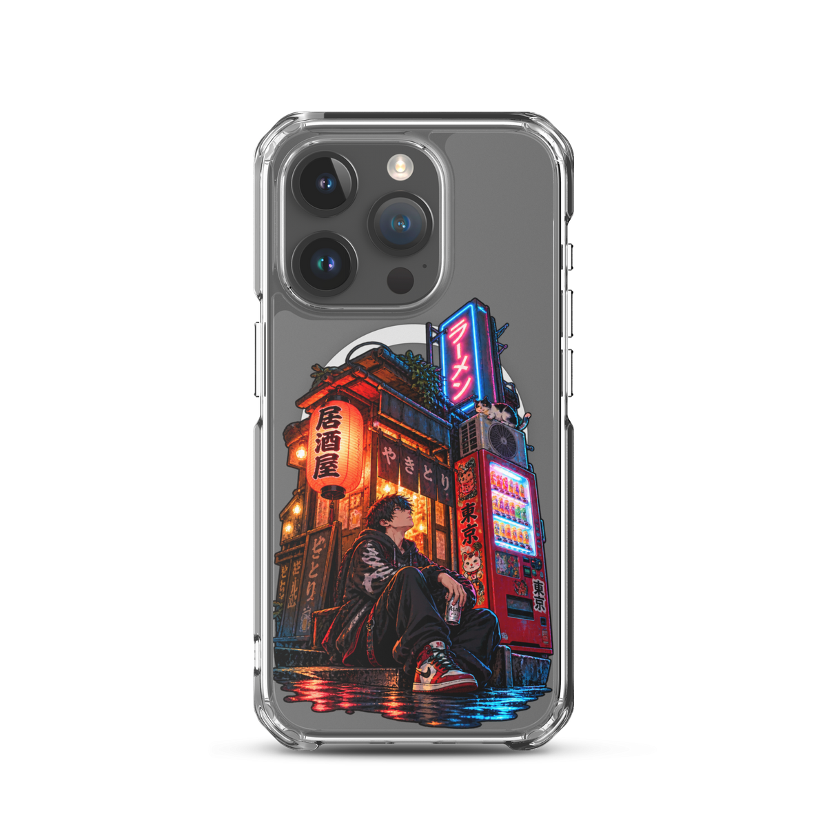 Tokyo After Dark Japanese anime street phone case with neon lights, vending machine and young man