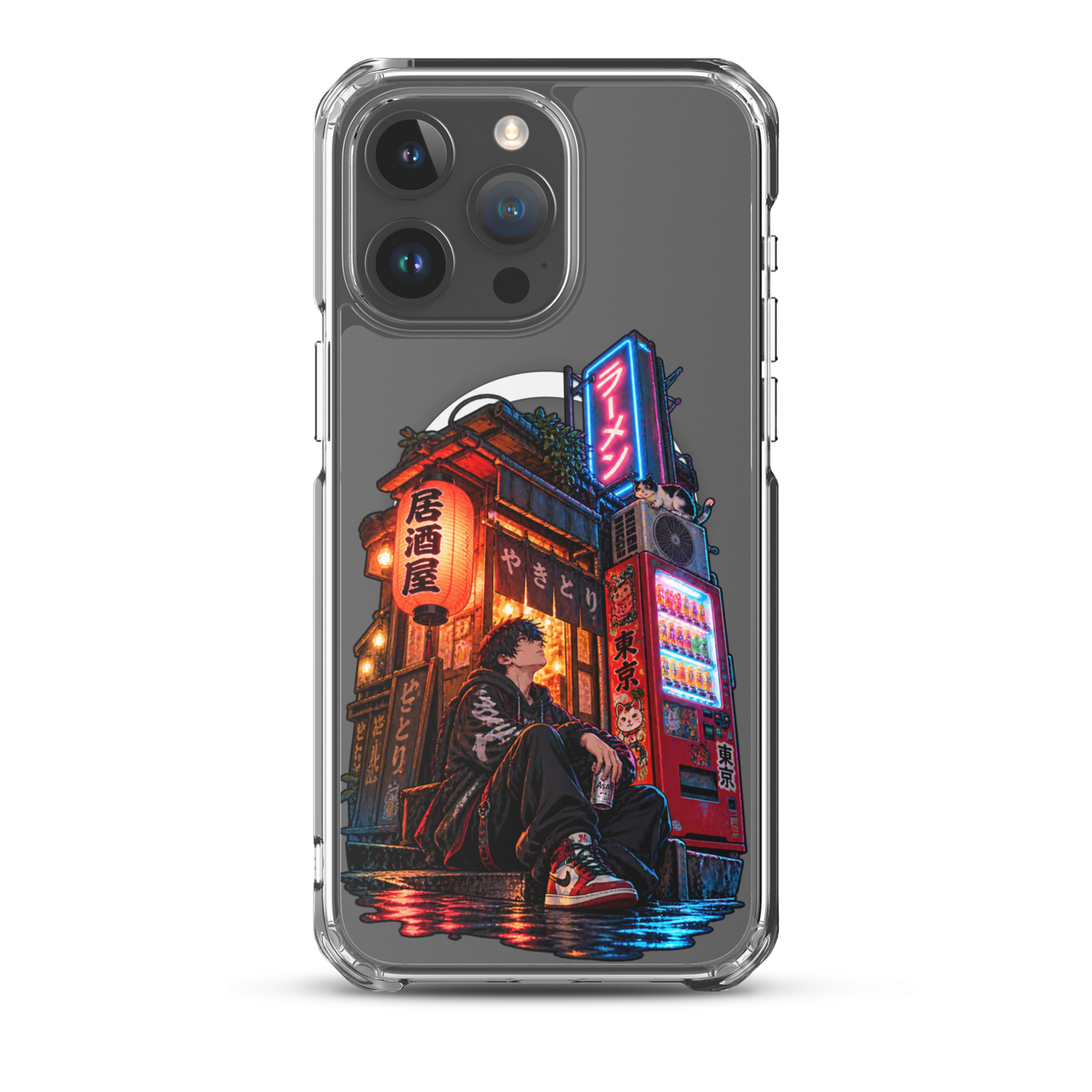 Tokyo After Dark Japanese anime street phone case with neon lights, vending machine and young man