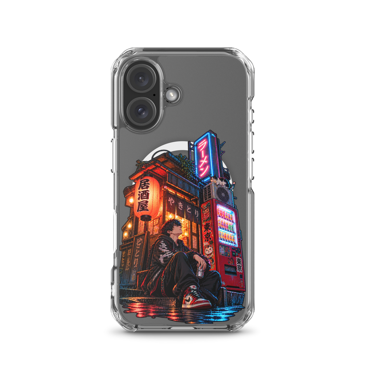Tokyo After Dark Japanese anime street phone case with neon lights, vending machine and young man