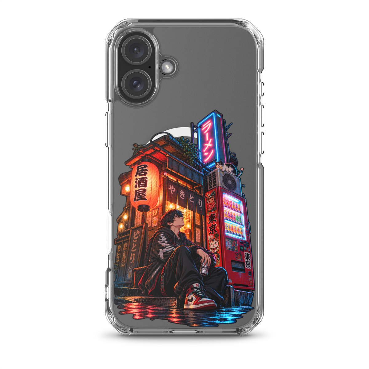 Tokyo After Dark Japanese anime street phone case with neon lights, vending machine and young man