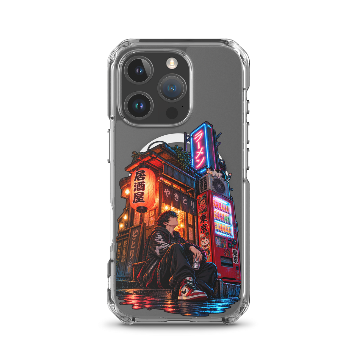 Tokyo After Dark Japanese anime street phone case with neon lights, vending machine and young man