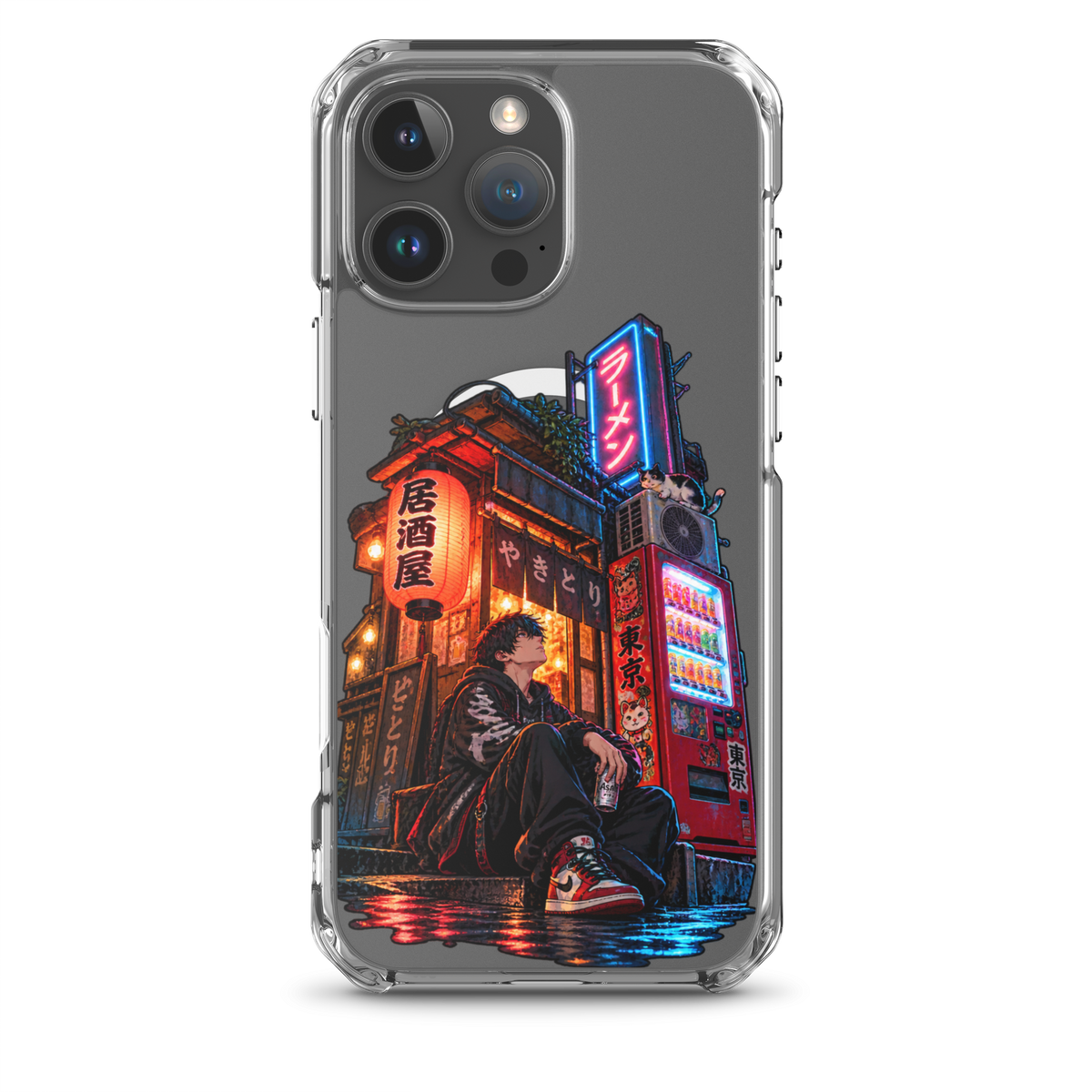 Tokyo After Dark Japanese anime street phone case with neon lights, vending machine and young man