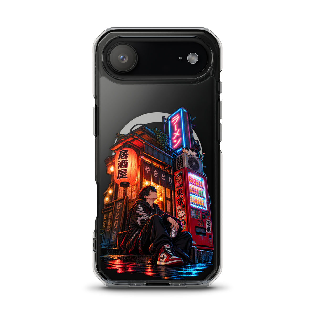 Tokyo After Dark Japanese anime street phone case with neon lights, vending machine and young man