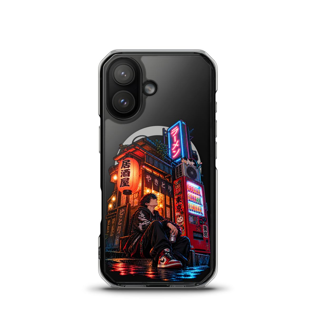 Tokyo After Dark Japanese anime street phone case with neon lights, vending machine and young man