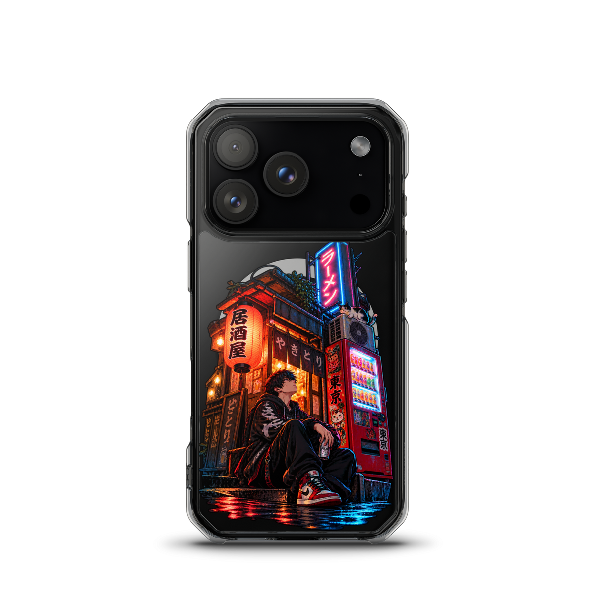 Tokyo After Dark Japanese anime street phone case with neon lights, vending machine and young man