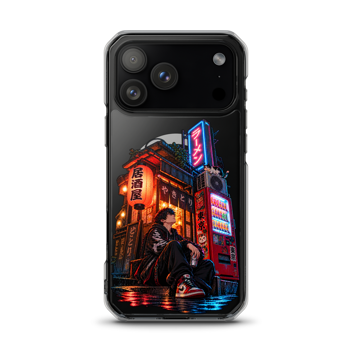 Tokyo After Dark Japanese anime street phone case with neon lights, vending machine and young man