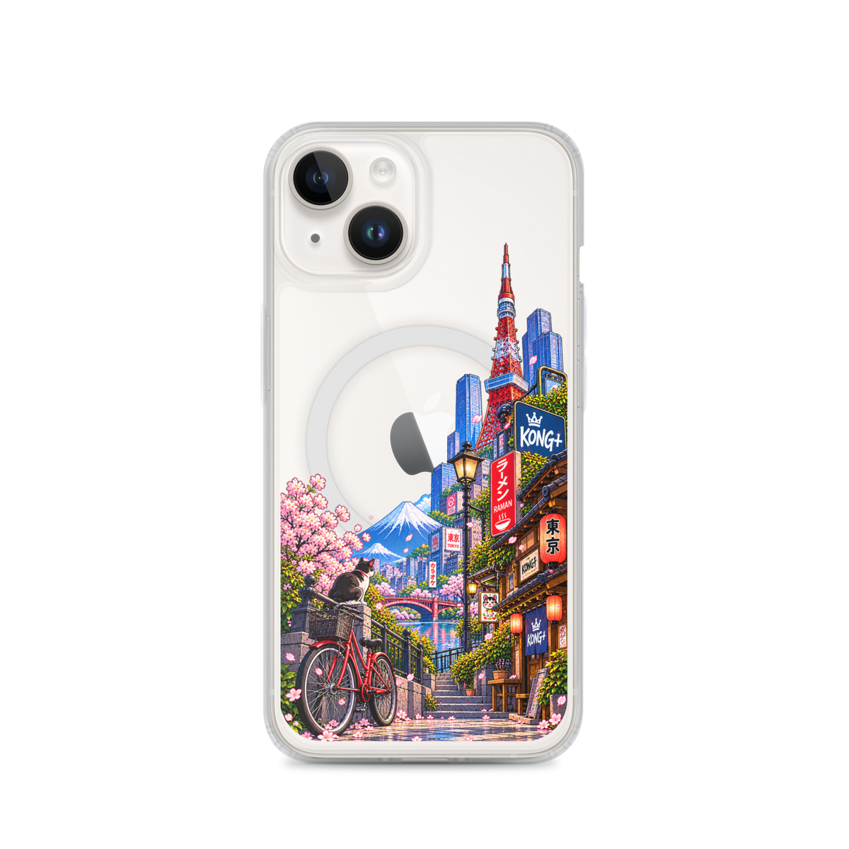 Tokyo Daydream Sakura Ride iPhone case with cherry blossoms, Mount Fuji, bicycle and Japanese street design
