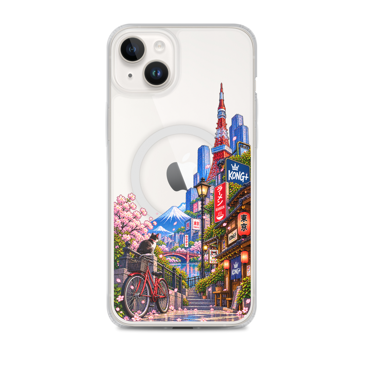 Tokyo Daydream Sakura Ride iPhone case with cherry blossoms, Mount Fuji, bicycle and Japanese street design