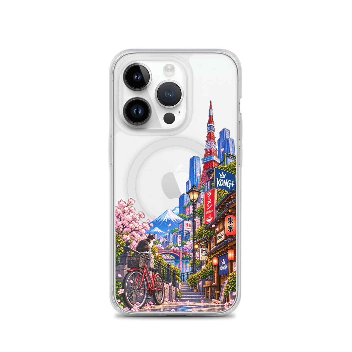 Tokyo Daydream Sakura Ride iPhone case with cherry blossoms, Mount Fuji, bicycle and Japanese street design