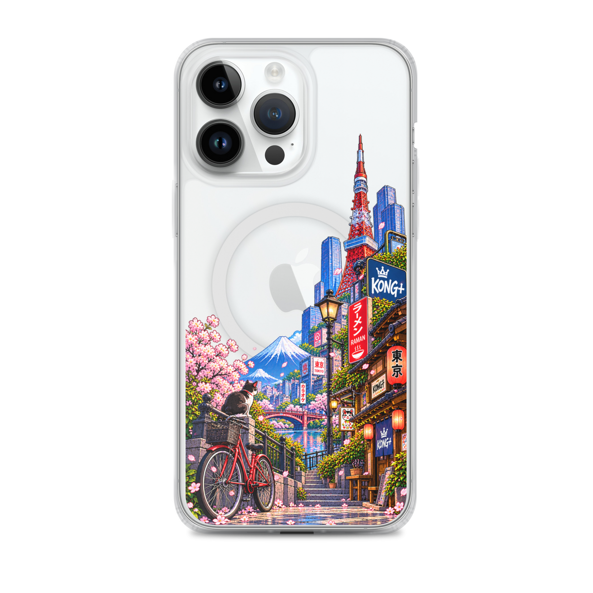 Tokyo Daydream Sakura Ride iPhone case with cherry blossoms, Mount Fuji, bicycle and Japanese street design