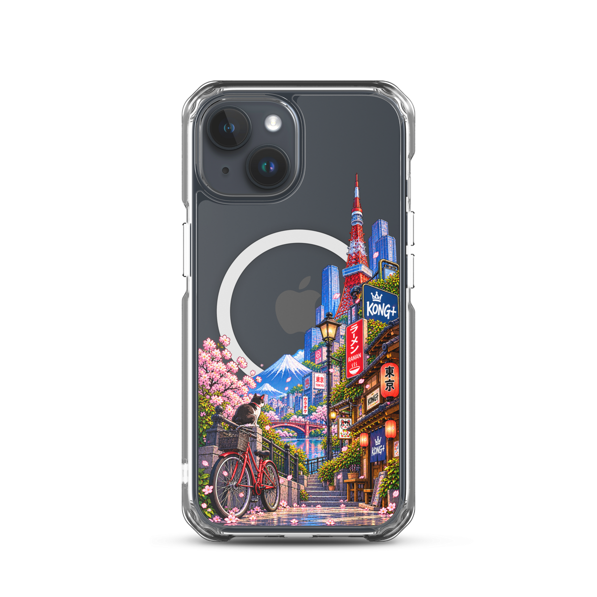 Tokyo Daydream Sakura Ride iPhone case with cherry blossoms, Mount Fuji, bicycle and Japanese street design