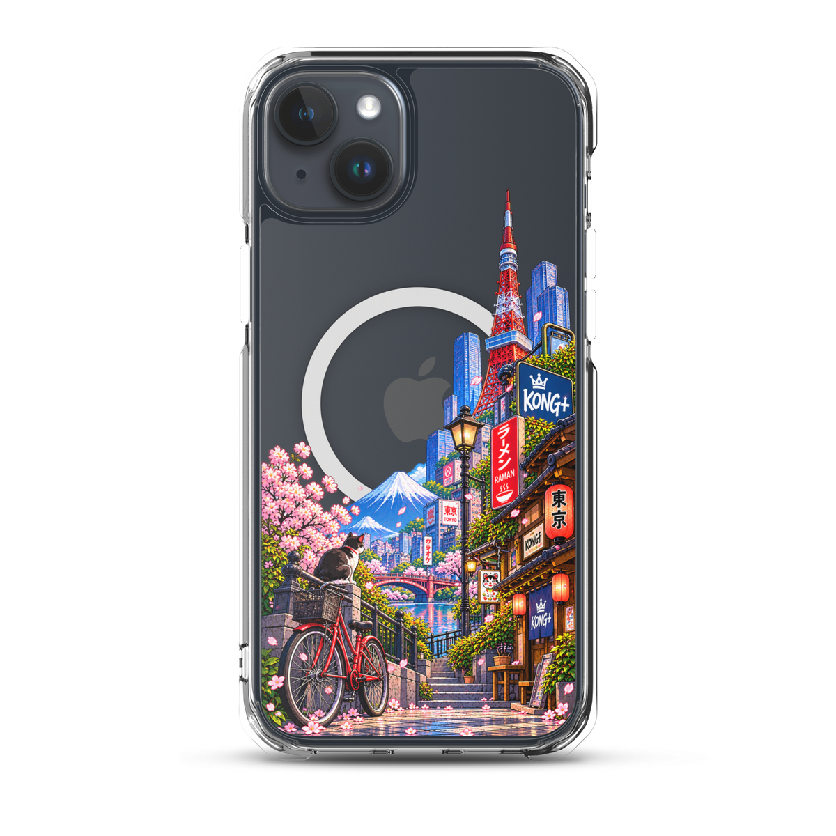 Tokyo Daydream Sakura Ride iPhone case with cherry blossoms, Mount Fuji, bicycle and Japanese street design