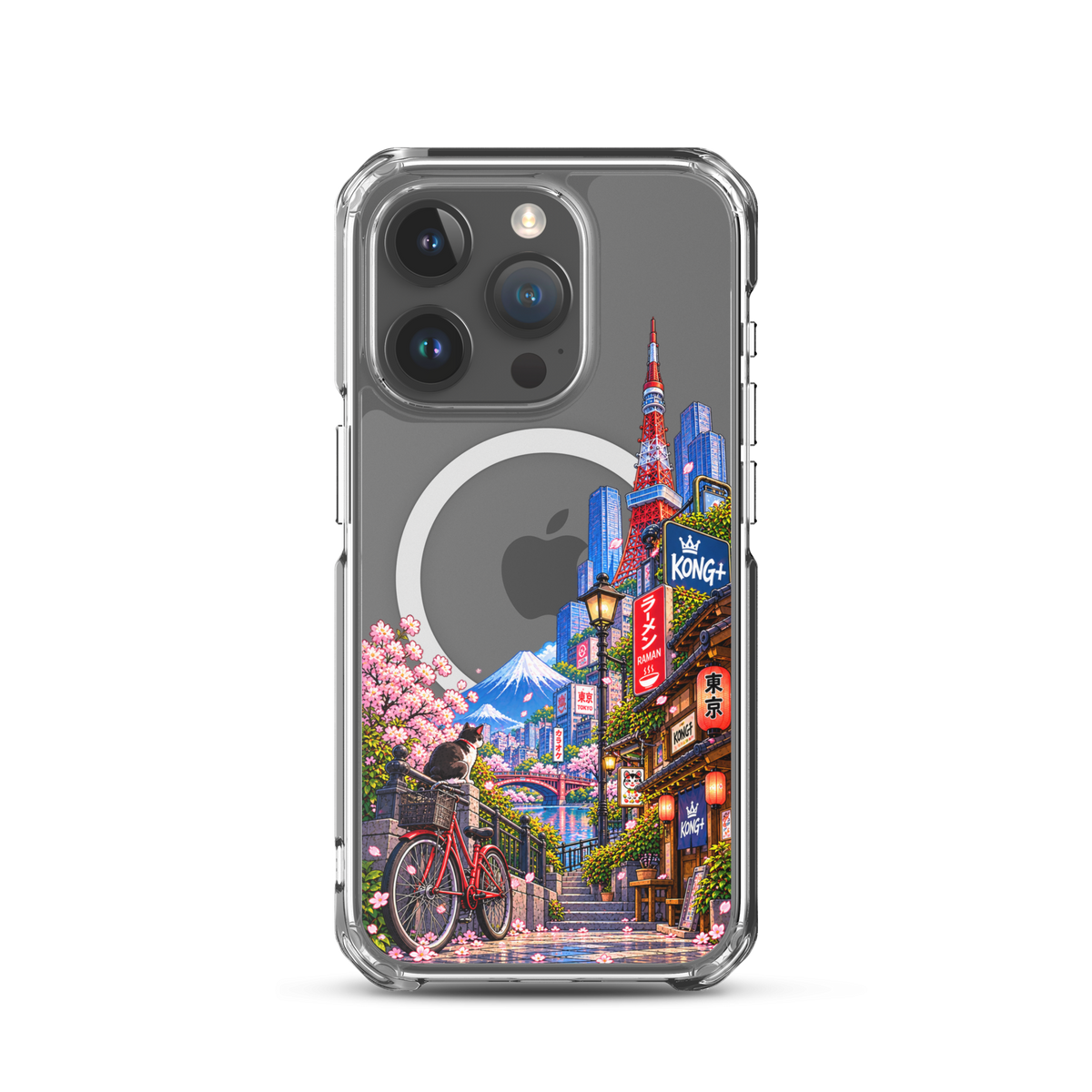 Tokyo Daydream Sakura Ride iPhone case with cherry blossoms, Mount Fuji, bicycle and Japanese street design