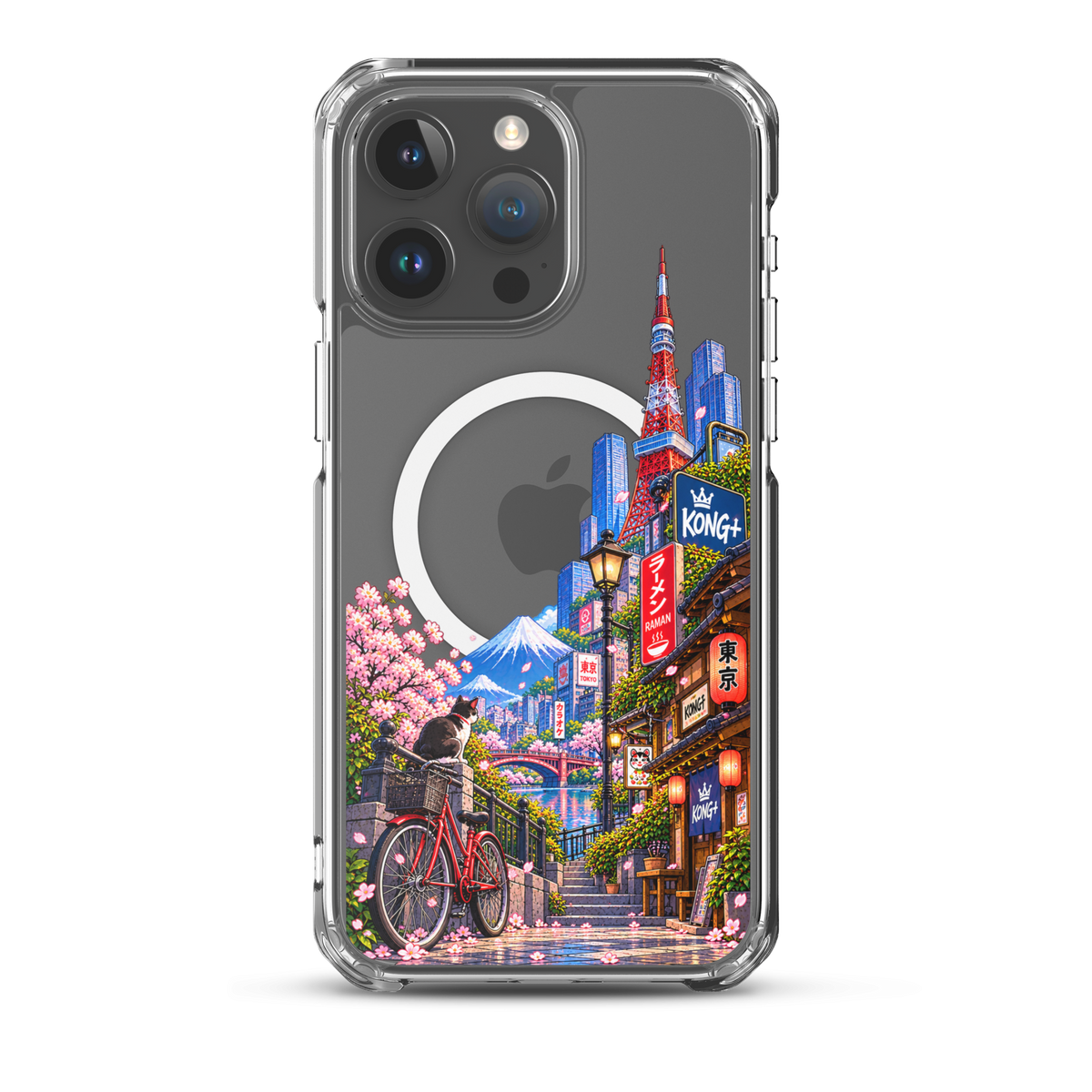 Tokyo Daydream Sakura Ride iPhone case with cherry blossoms, Mount Fuji, bicycle and Japanese street design