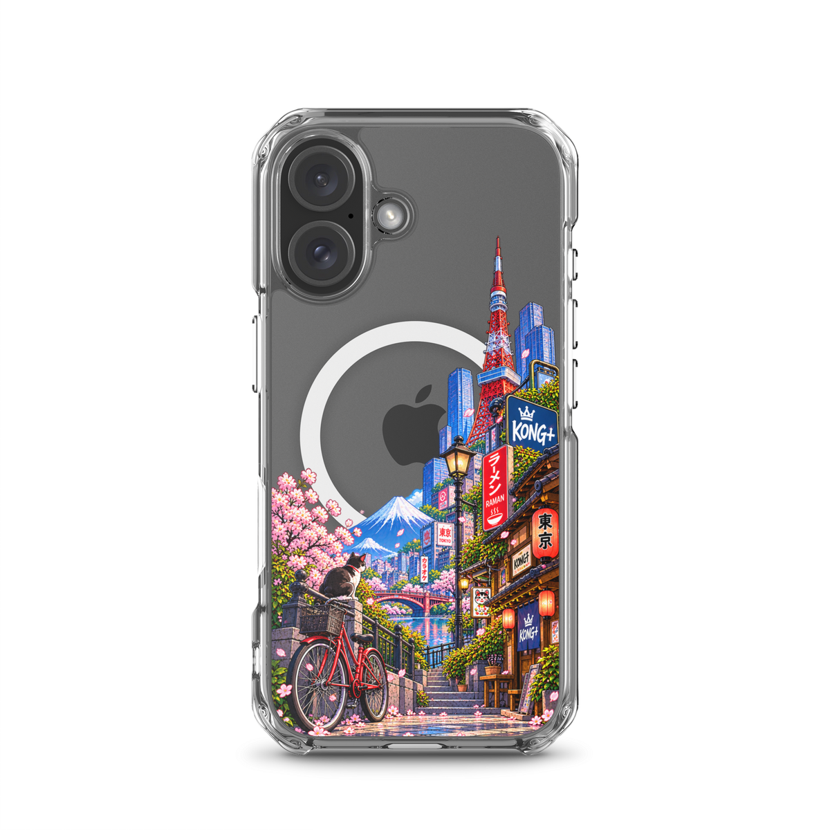 Tokyo Daydream Sakura Ride iPhone case with cherry blossoms, Mount Fuji, bicycle and Japanese street design
