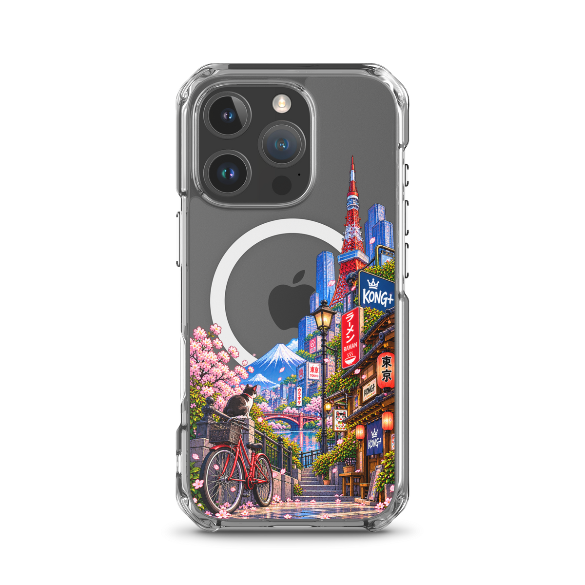 Tokyo Daydream Sakura Ride iPhone case with cherry blossoms, Mount Fuji, bicycle and Japanese street design