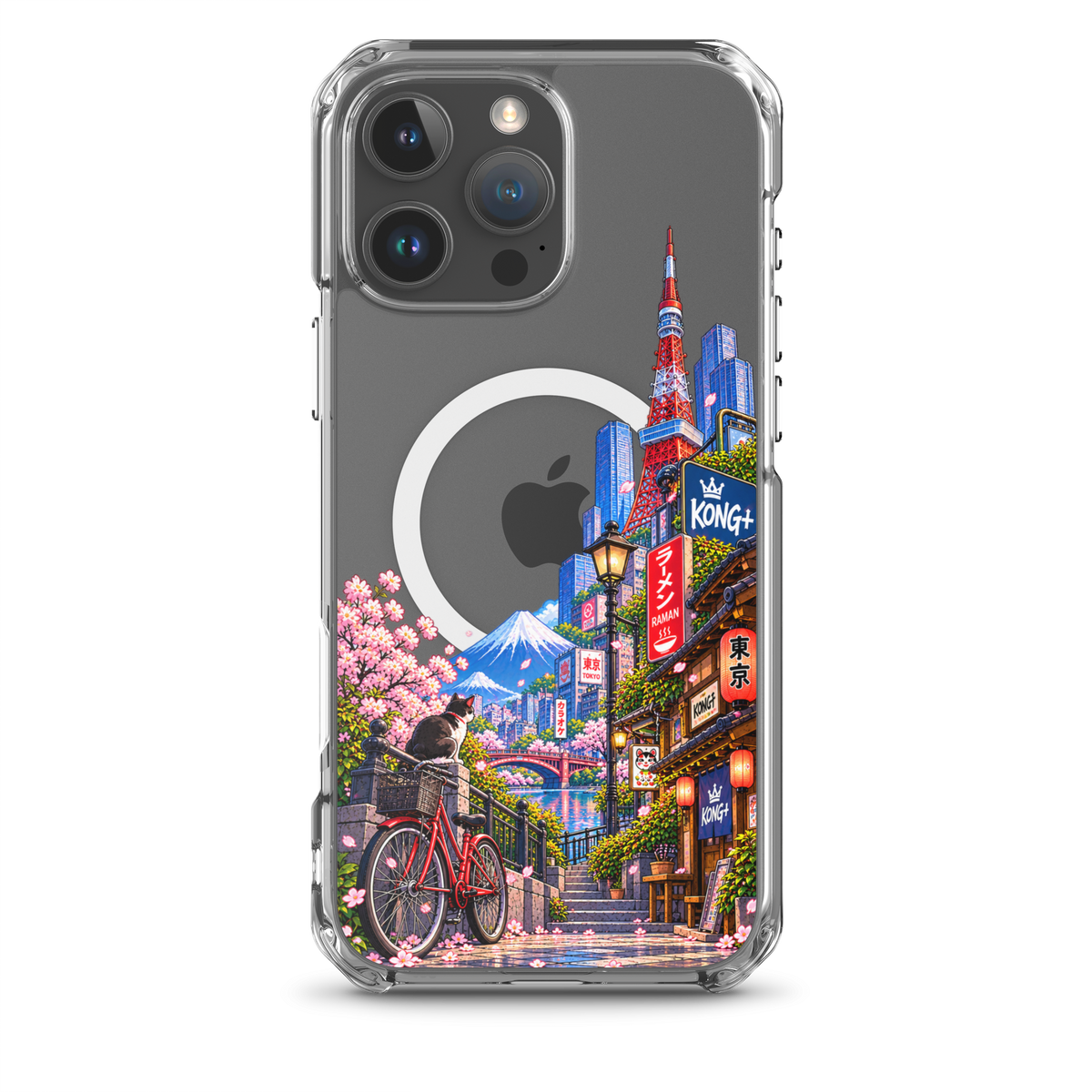 Tokyo Daydream Sakura Ride iPhone case with cherry blossoms, Mount Fuji, bicycle and Japanese street design