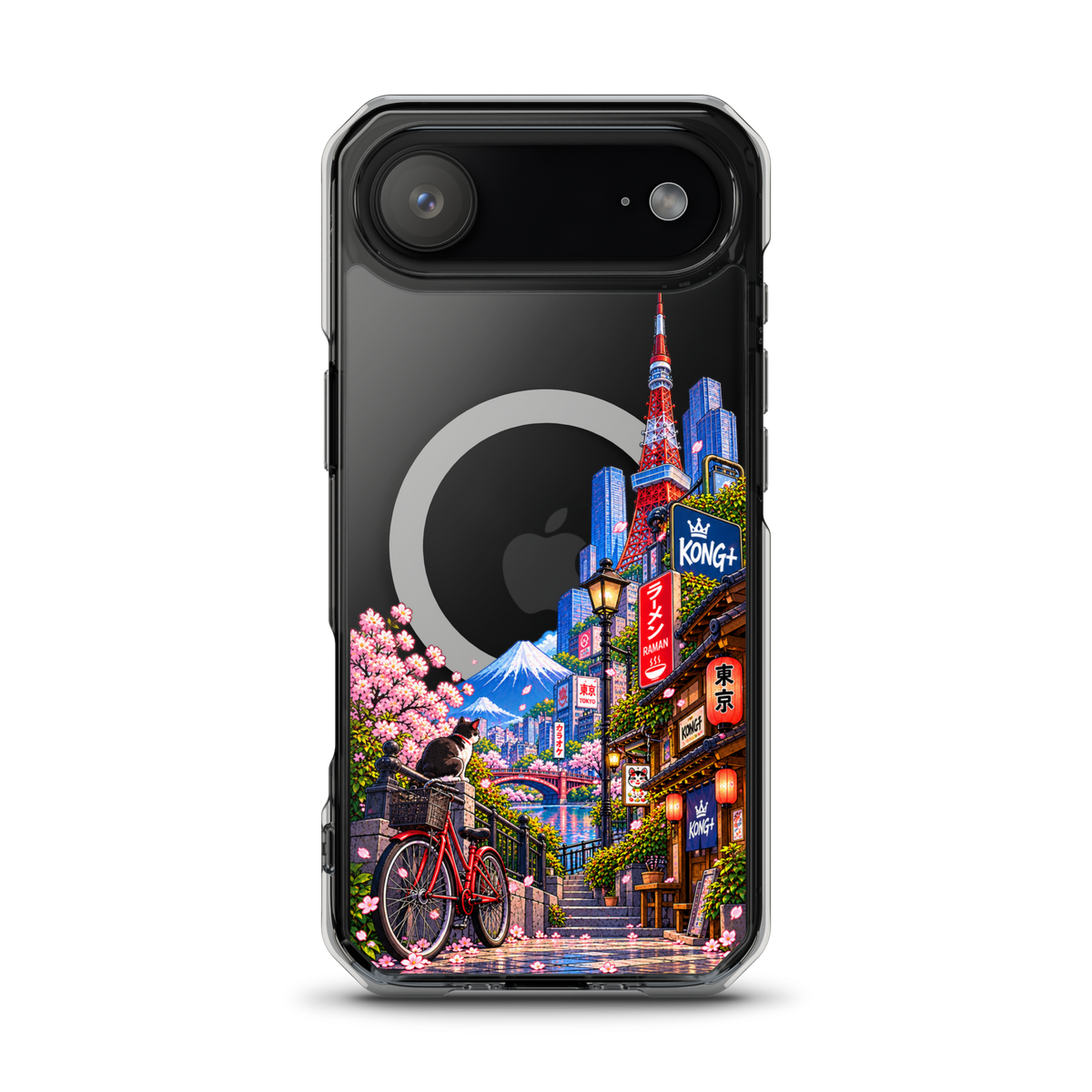 Tokyo Daydream Sakura Ride iPhone case with cherry blossoms, Mount Fuji, bicycle and Japanese street design