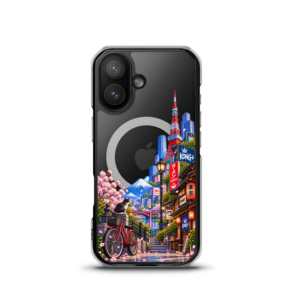Tokyo Daydream Sakura Ride iPhone case with cherry blossoms, Mount Fuji, bicycle and Japanese street design