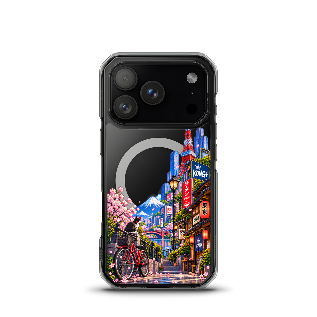 Tokyo Daydream Sakura Ride iPhone case with cherry blossoms, Mount Fuji, bicycle and Japanese street design