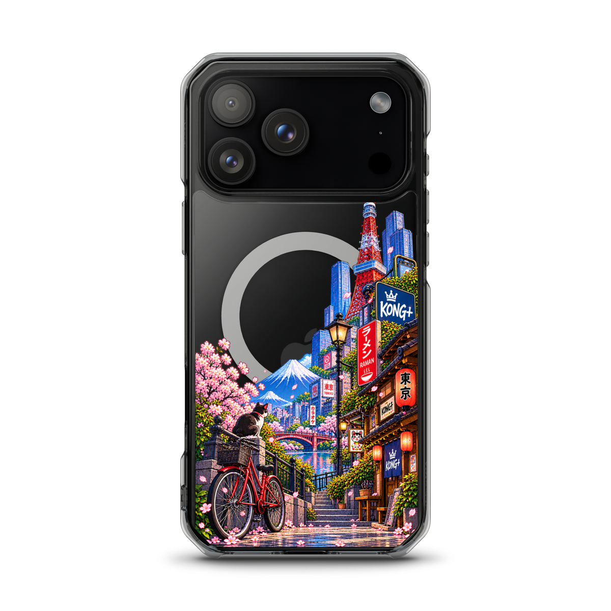 Tokyo Daydream Sakura Ride iPhone case with cherry blossoms, Mount Fuji, bicycle and Japanese street design