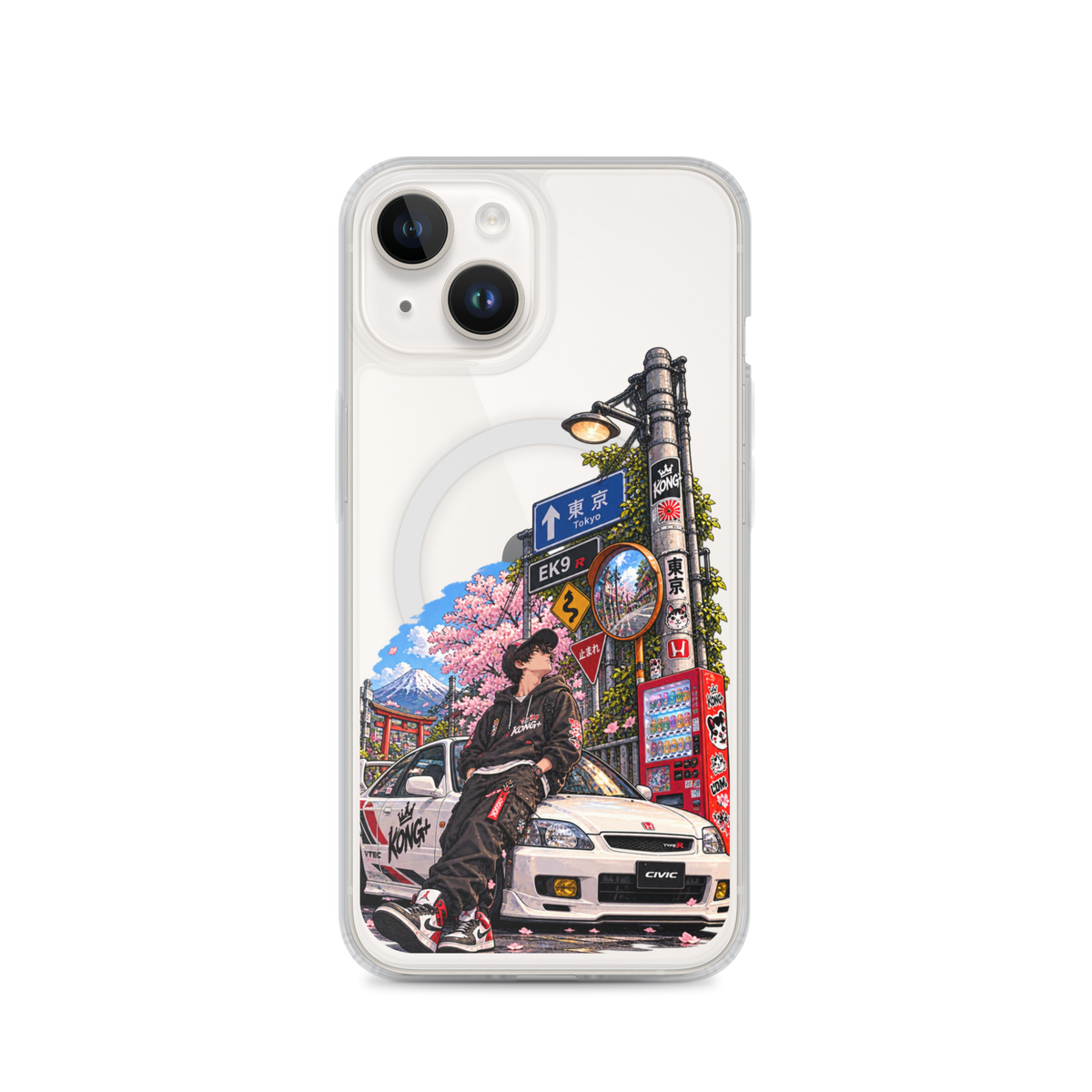 Tokyo Street Soul JDM iPhone case with Japanese street, cherry blossom and Honda Civic design