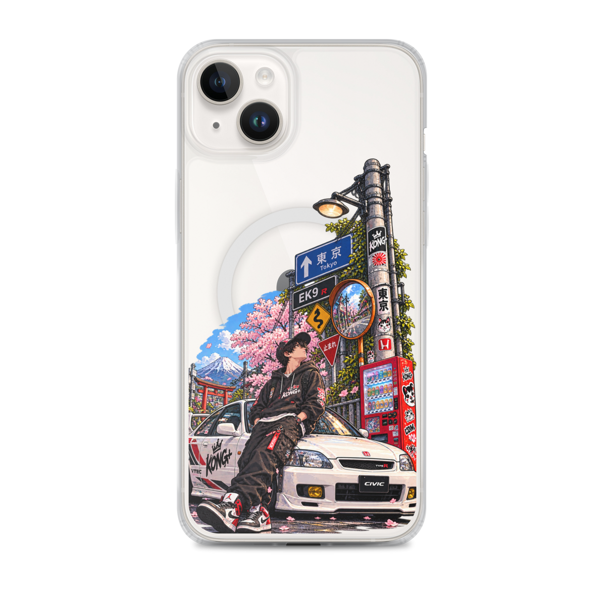 Tokyo Street Soul JDM iPhone case with Japanese street, cherry blossom and Honda Civic design