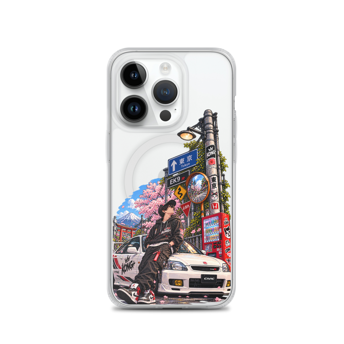 Tokyo Street Soul JDM iPhone case with Japanese street, cherry blossom and Honda Civic design