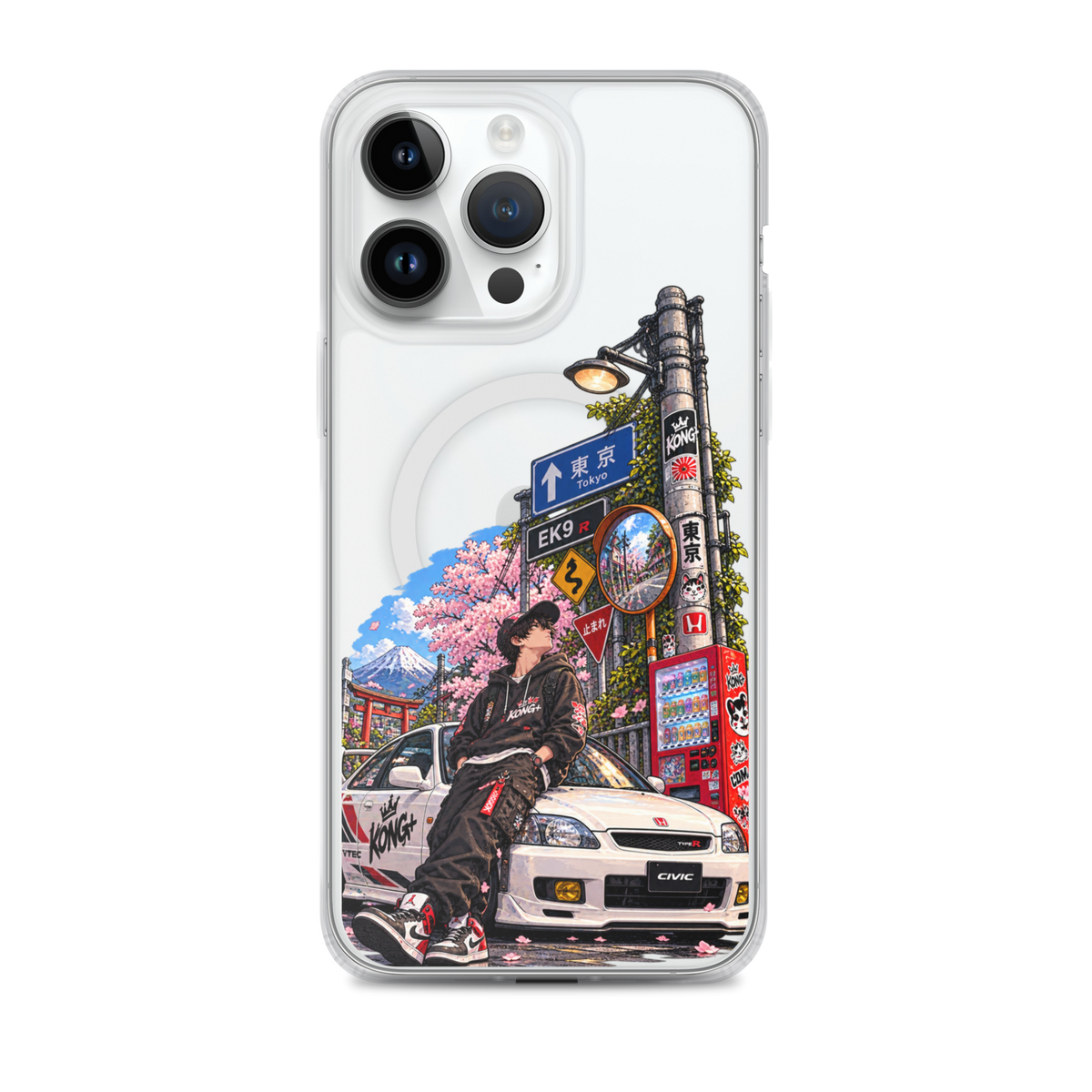 Tokyo Street Soul JDM iPhone case with Japanese street, cherry blossom and Honda Civic design