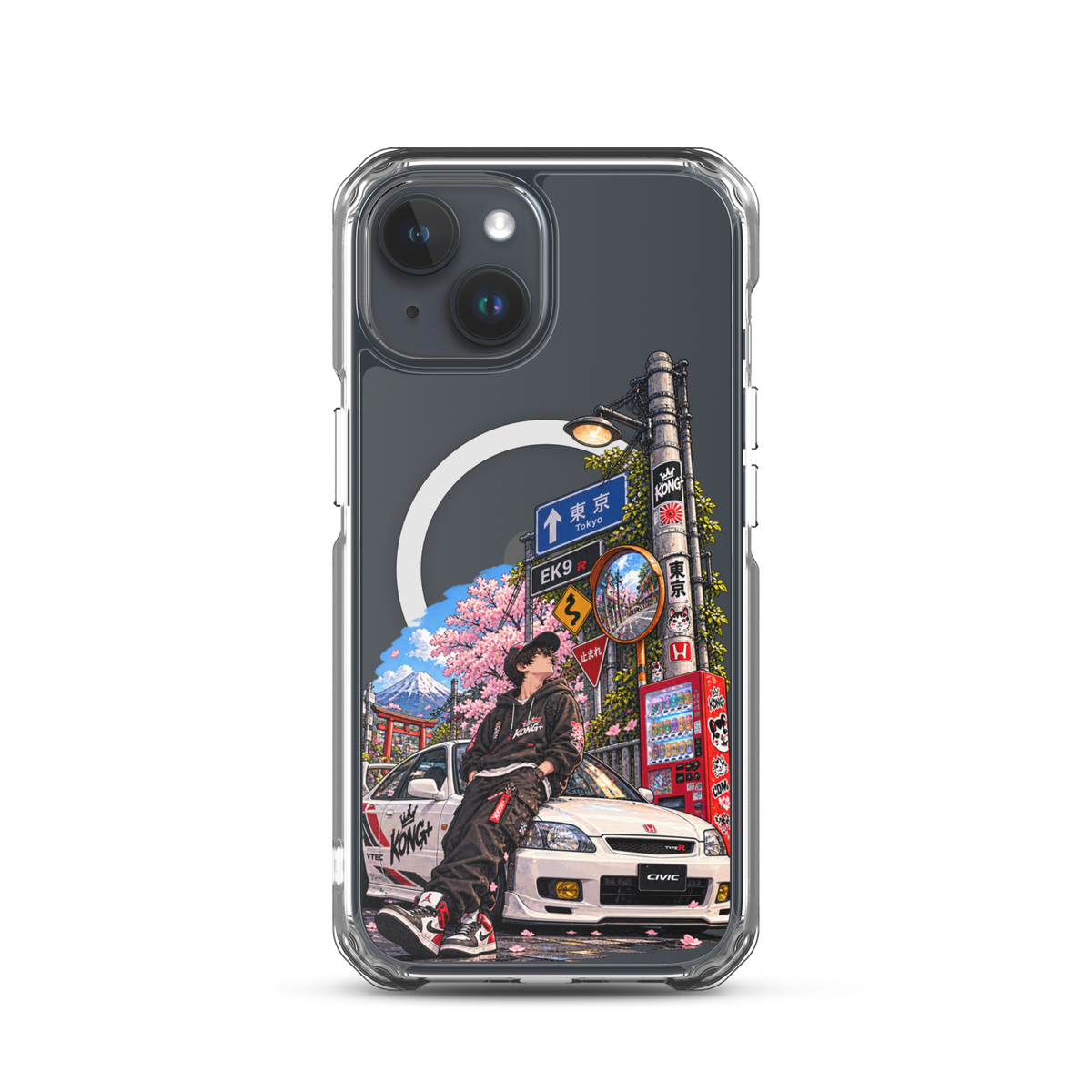 Tokyo Street Soul JDM iPhone case with Japanese street, cherry blossom and Honda Civic design